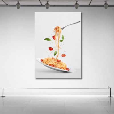 Quadro Moderno Spaghetti Con Pomodoro E Basilico Su Sfondo Grigio Minimalista foo103 quadro stampa su tela