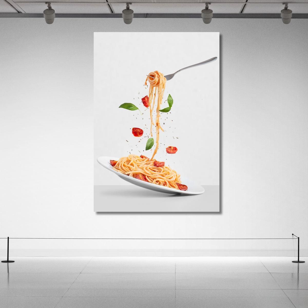 Quadro Moderno Spaghetti Con Pomodoro E Basilico Su Sfondo Grigio Minimalista foo103 quadro stampa su tela