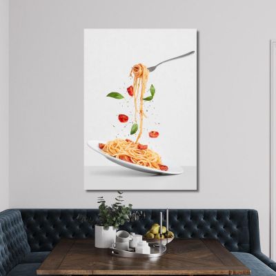 Quadro Moderno Spaghetti Con Pomodoro E Basilico Su Sfondo Grigio Minimalista foo103 quadro stampa su tela