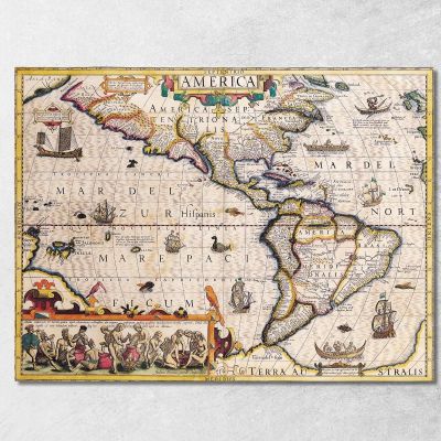 Quadro Mappa Antica Dell'America Con Navi Illustrazioni E Dettagli Geografici Storici map11 quadro stampa su tela