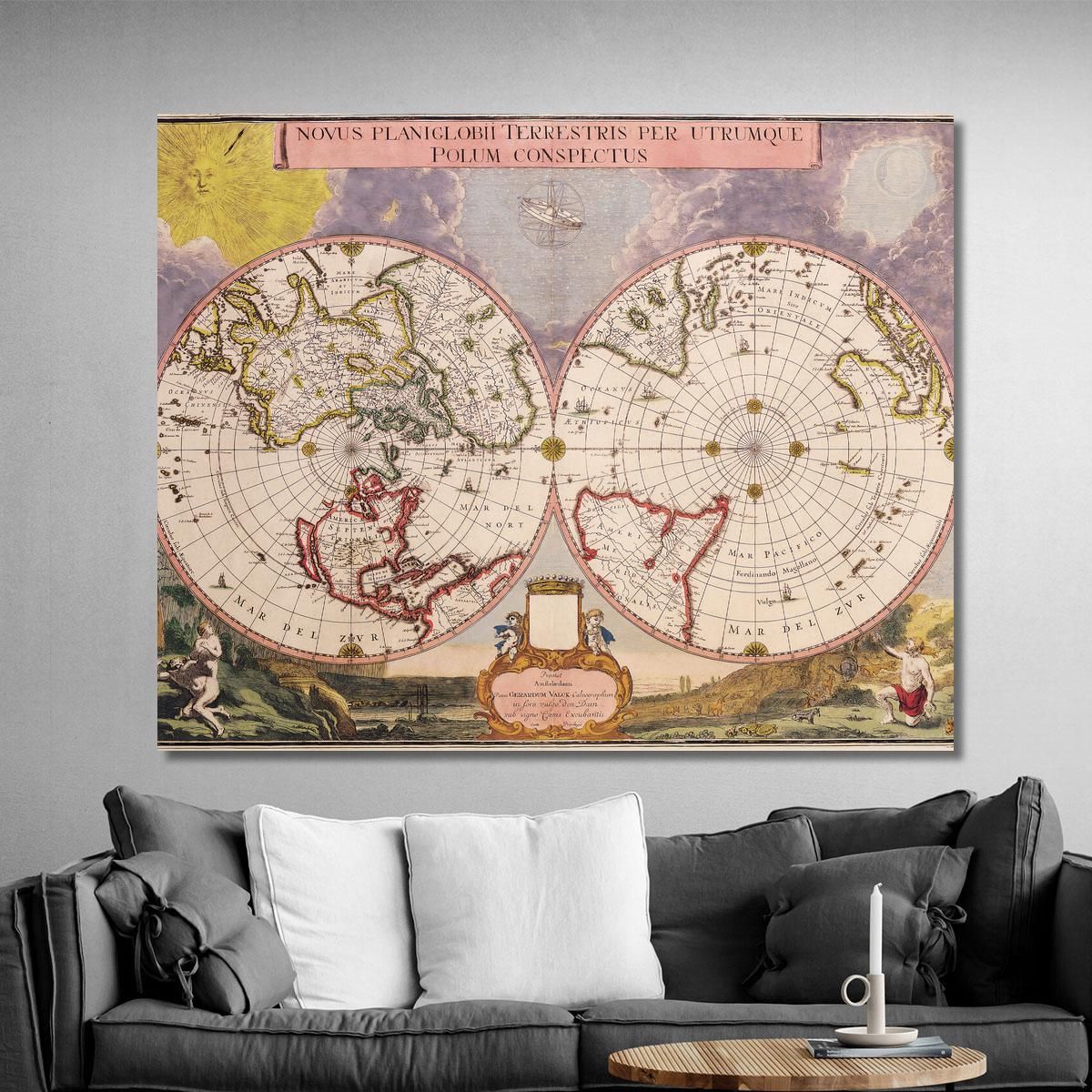 Quadro Mappa Del Mondo Antica Con Proiezione Polare E Dettagli Cartografici Storici map18 quadro stampa su tela