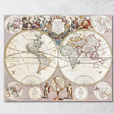 Quadro Mappa Del Mondo Antico Con Proiezione Sferica E Ornamenti Barocchi map22 quadro stampa su tela