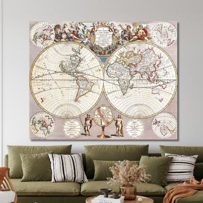 Quadro Mappa Del Mondo Antico Con Proiezione Sferica E Ornamenti Barocchi map22 quadro stampa su tela