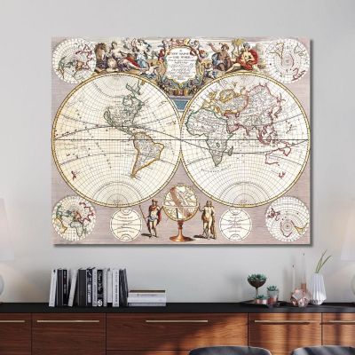 Quadro Mappa Del Mondo Antico Con Proiezione Sferica E Ornamenti Barocchi map22 quadro stampa su tela