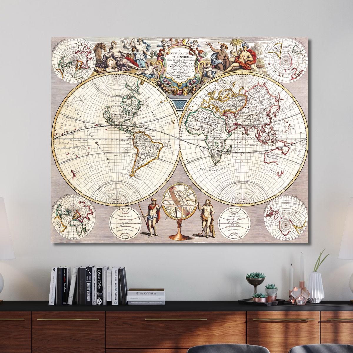 Quadro Mappa Del Mondo Antico Con Proiezione Sferica E Ornamenti Barocchi map22 quadro stampa su tela