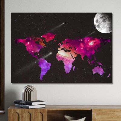 Quadro Mappa Del Mondo Spaziale Con Galassie Stelle E Luna Su Sfondo Nero map35 quadro stampa su tela