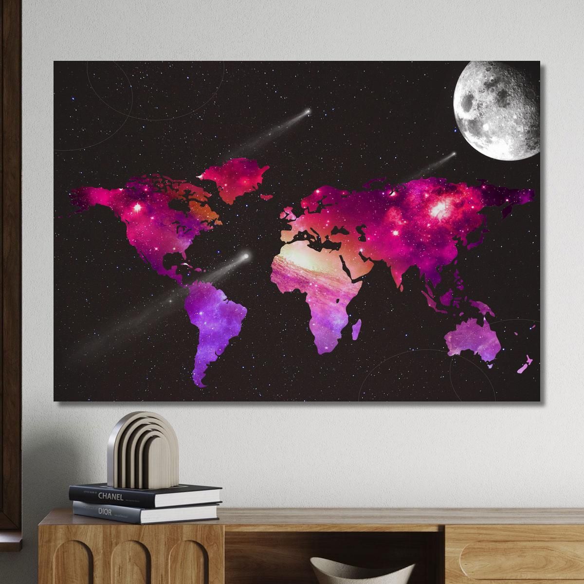Quadro Mappa Del Mondo Spaziale Con Galassie Stelle E Luna Su Sfondo Nero map35 quadro stampa su tela