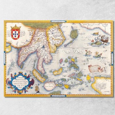 Quadro Mappa Dell'Asia Antica Con Illustrazioni Navi E Creature Mitologiche Su Sfondo Vintage map43 quadro stampa su tela