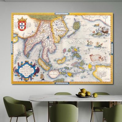 Quadro Mappa Dell'Asia Antica Con Illustrazioni Navi E Creature Mitologiche Su Sfondo Vintage map43 quadro stampa su tela