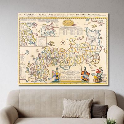 Cuadro Mapa Histórico De Japón Con Fronteras Regionales E Ilustraciones Tradicionales , map46 cuadro en lienzo