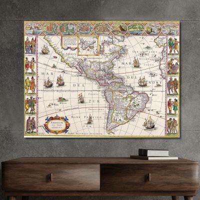 Quadro Mappa Storica Dell'America Con Rappresentazione Dettagliata E Scene Di Vita Nativa map55 quadro stampa su tela