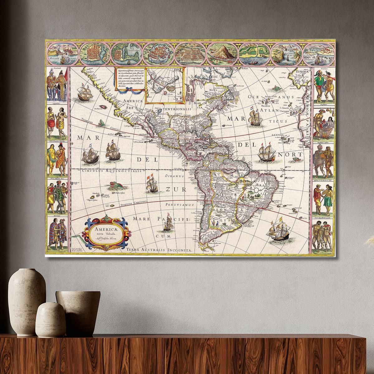 Quadro Mappa Storica Dell'America Con Rappresentazione Dettagliata E Scene Di Vita Nativa map55 quadro stampa su tela