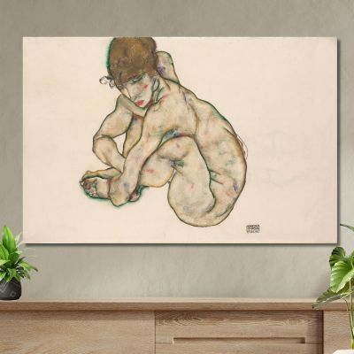 Chica Desnuda En Cuclillas Egon Schiele, esh32 cuadro en lienzo