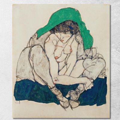 Donna Accovacciata Con Foulard Verde Egon Schiele esh34 quadro stampa su tela