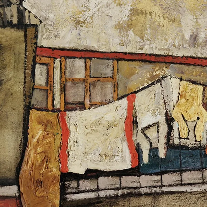 Reproduction Toile Tableau Schiele "Muro Di Casa Sul Fiume" - Impression Haute Qualité, Fabriqué En Italie