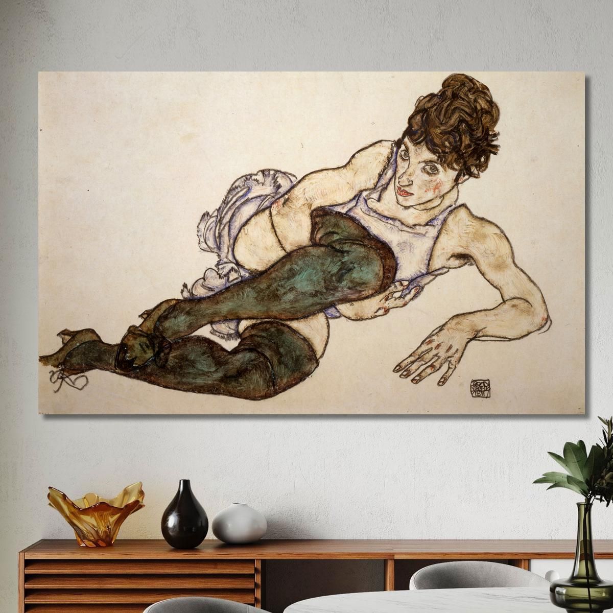 Donna Sdraiata Con Calze Verdi Egon Schiele esh136 quadro stampa su tela