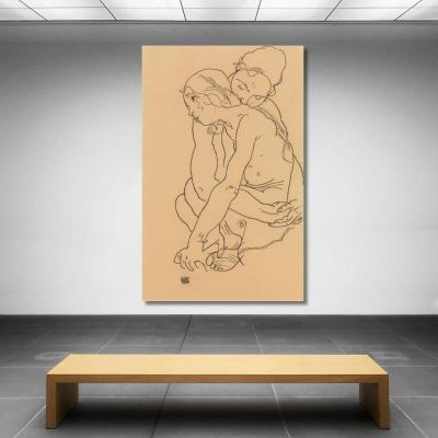 Frau Und Mädchen Umarmend Egon Schiele, esh205 drucken auf leinwand