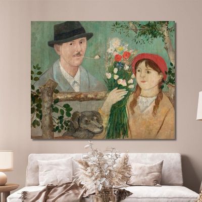 Idilio Junto A Una Cerca. Autorretrato De Una Niña Con Flores Y Perro Tadeusz Makowski, tmk81 cuadro en lienzo