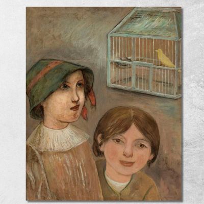 Due Bambine Accanto A Una Gabbia Con Un Canarino Tadeusz Makowski tmk190 quadro stampa su tela