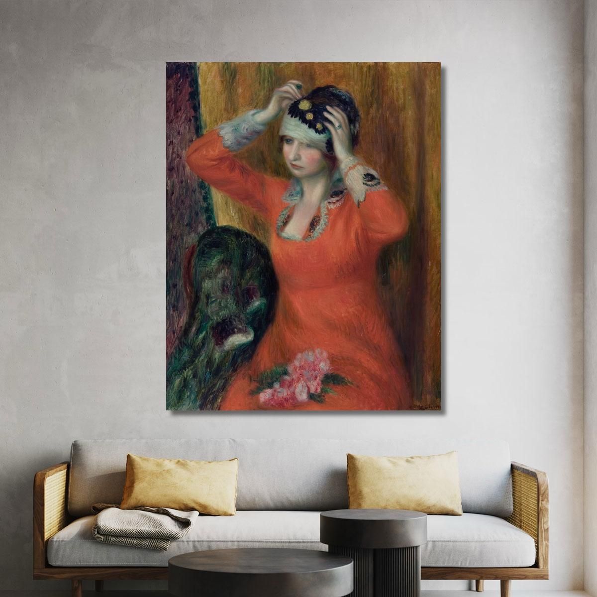 Ragazza In Vestito Rosso Che Si Mette Il Cappello William James Glackens wjg19 quadro stampa su tela