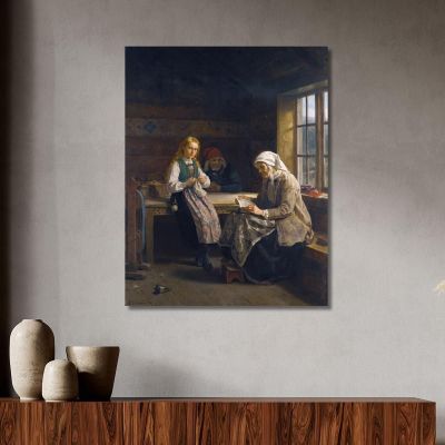 Ein Hardanger-Interieur: Junges Mädchen Beim Stricken Adolph Tidemand, atd3 drucken auf leinwand