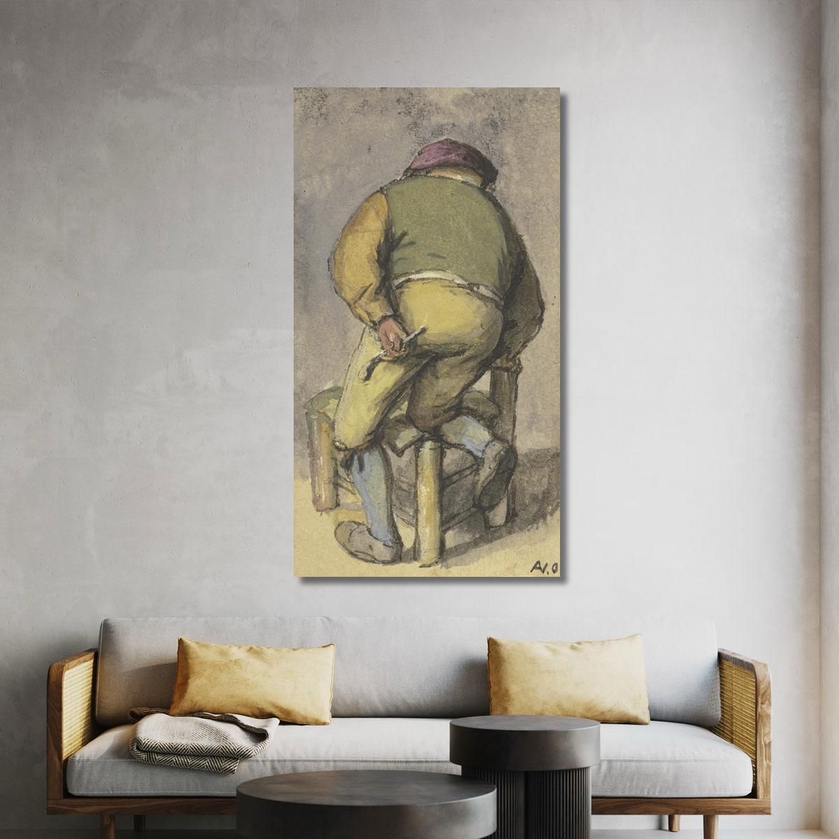 Contadino Di Spalle Con La Gamba Destra Su Una Sedia Inginocchiato Adriaen van Ostade avo16 quadro stampa su tela
