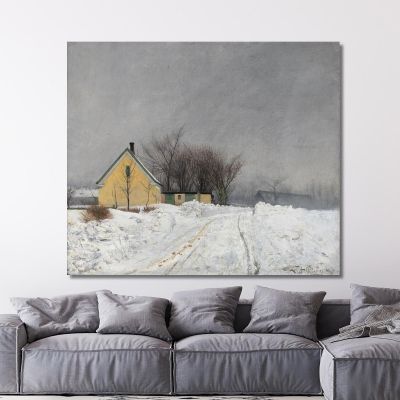 Giornata Invernale Nebbiosa. A Sinistra Una Casa Gialla. Neve Profonda. Laurits Andersen Ring , lar13 quadro stampa su tela