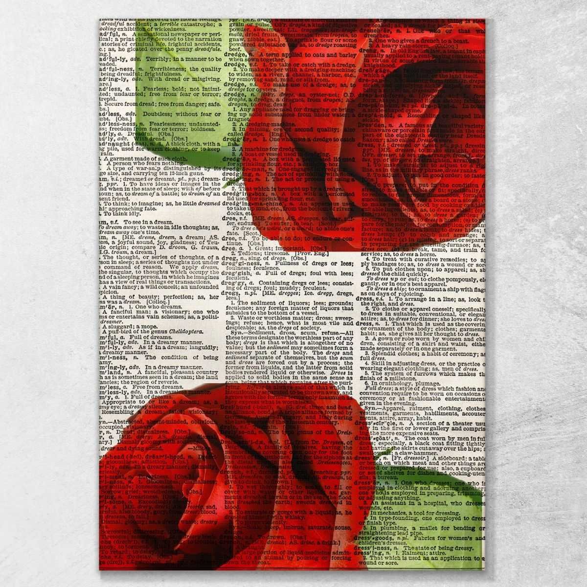 Quadro su dizionario Rose rosse dizionari antichi stampa su tela diz12