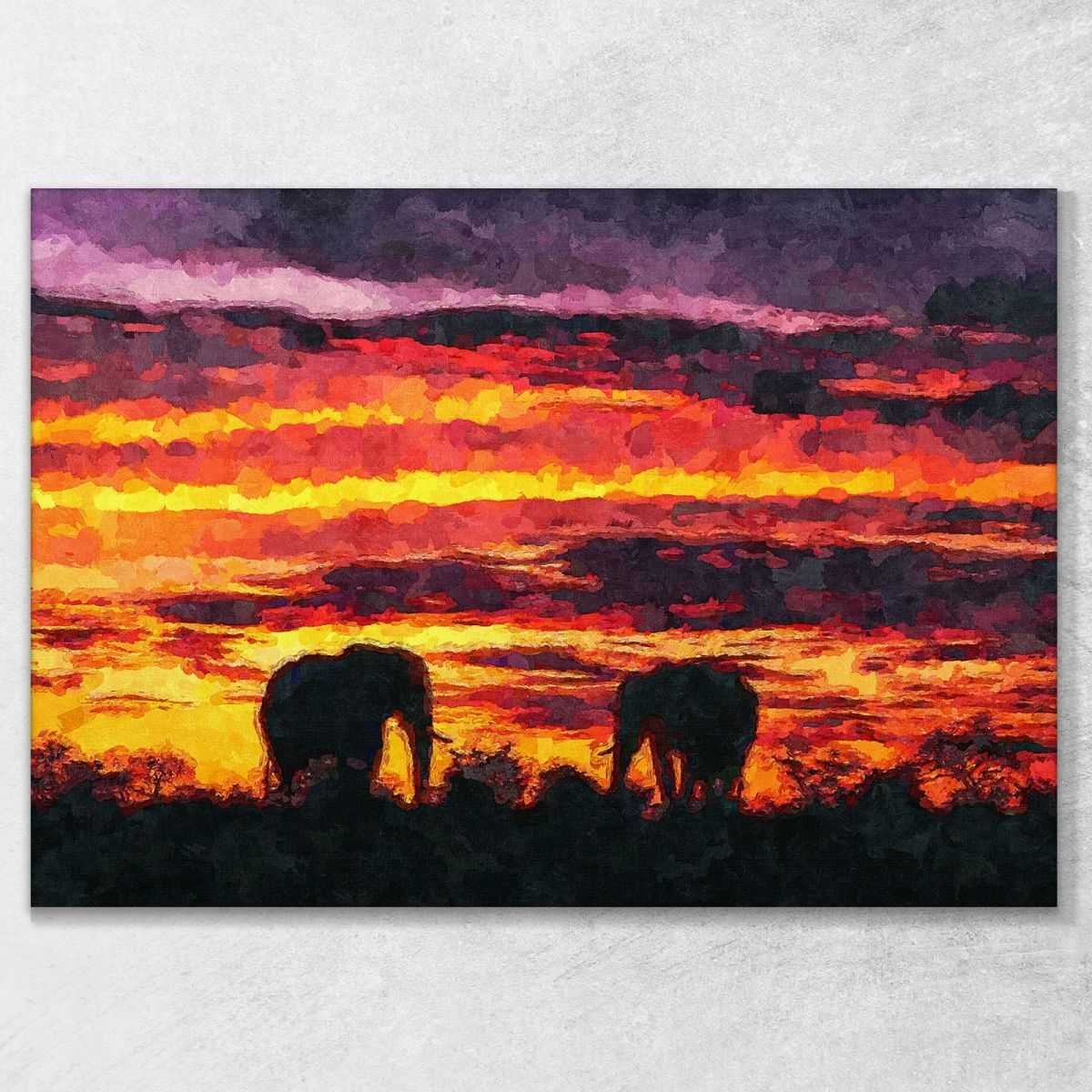 ❤️️ Quadro etnico coppia di elefanti al tramonto africano stampa su tela afr40
