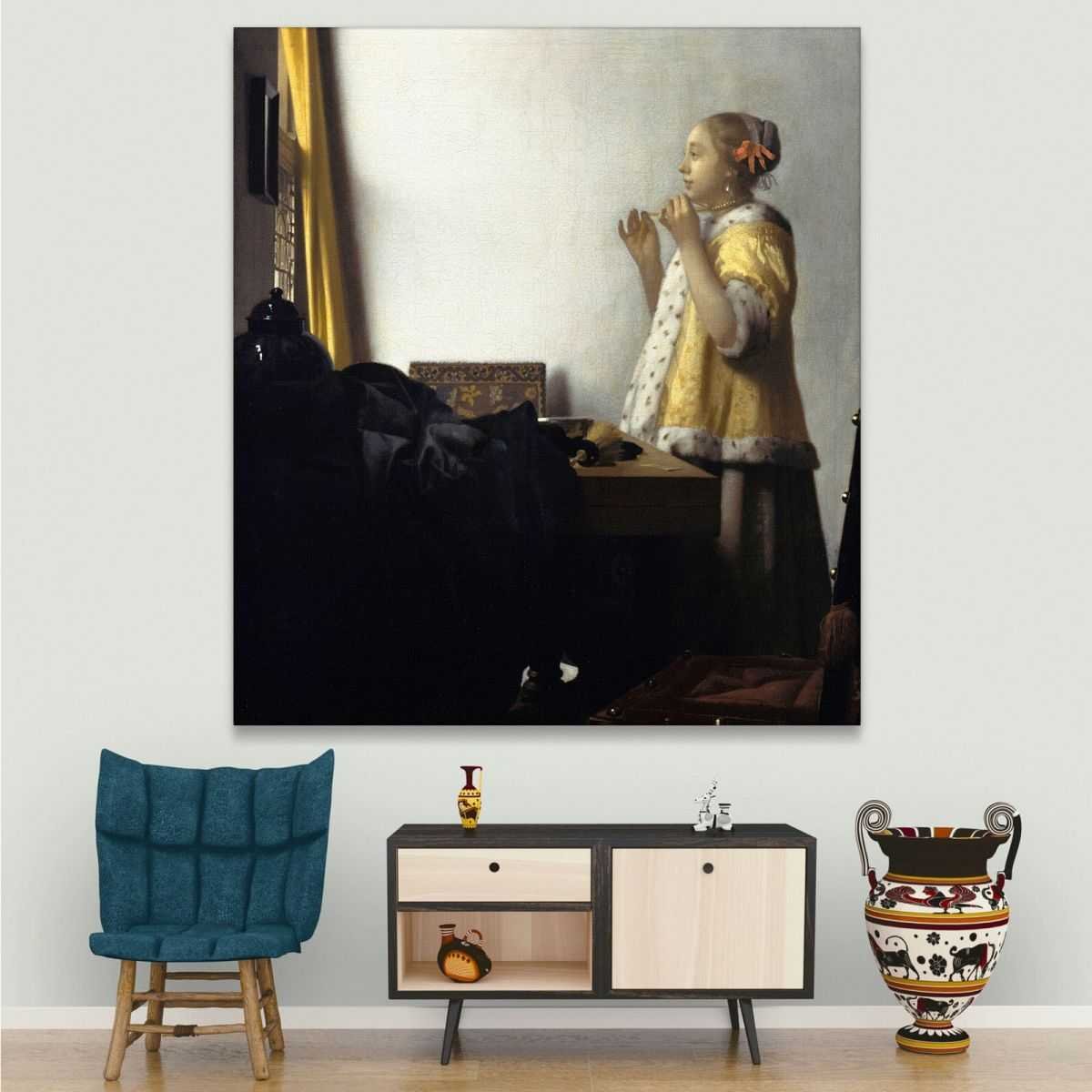 Giovane Donna Con Collana Di Perle Vermeer Jan quadro stampa su tela JV36