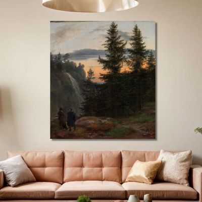 Two Men Before A Waterfall At Sunset Caspar David Friedrich, cdf39 canvas print