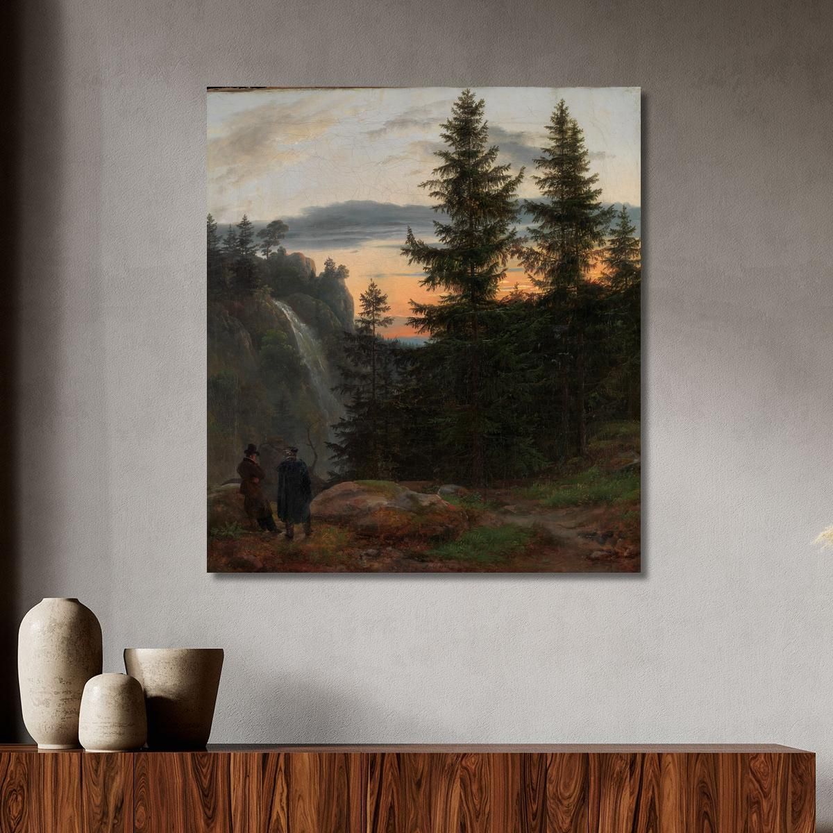 Due Uomini Davanti A Una Cascata Al Tramonto Caspar David Friedrich cdf39 quadro stampa su tela