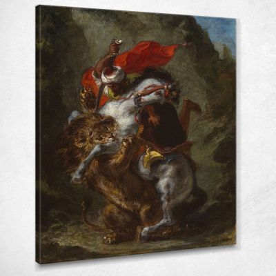 Cavaliere Arabo Attaccato Da Un Leone Eugène Delacroix edx10 quadro stampa su tela