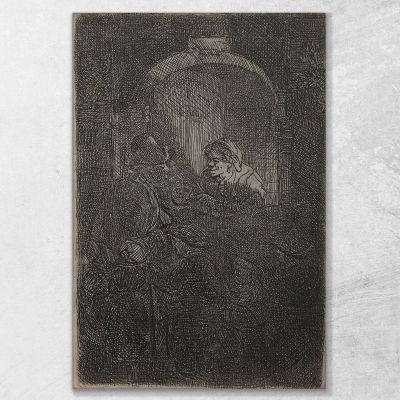Mujer En Una Puerta De Escotilla Hablando Con Un Hombre Y Niños, El Maestro De Escuela Rembrandt van Rijn, rvr267 cuadro en lienzo