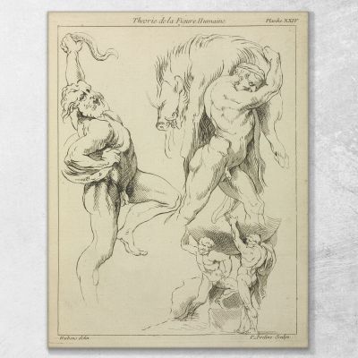 Figuren, Eine Ringt Mit Einer Schlange, Eine Hebt Einen Toten Eber Hoch Und Zwei Atlasfiguren Heben Einen Globus Hoch Peter Paul Rubens, ppr325 drucken auf leinwand