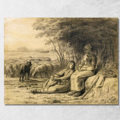 Due Pastorelle E Il Loro Gregge Jean-François Millet jfm84 quadro stampa su tela
