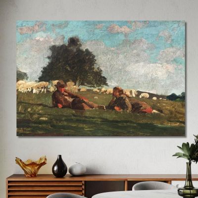 Niño Y Niña En Un Campo Con Ovejas Winslow Homer, whm28 cuadro en lienzo