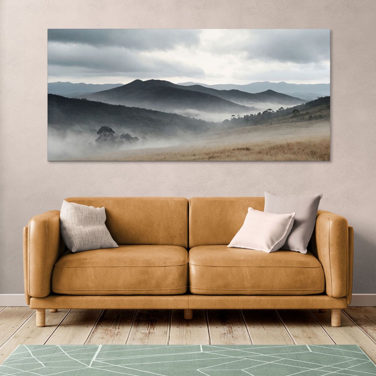Quadro Paesaggio Astratto Colline Nebbiose Con Vette Grigie E Prateria Autunnale abl16 quadro stampa su tela