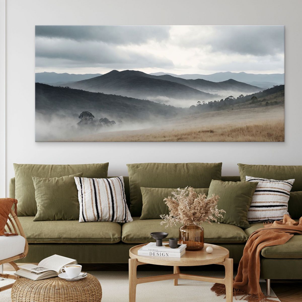 Quadro Paesaggio Astratto Colline Nebbiose Con Vette Grigie E Prateria Autunnale abl16 quadro stampa su tela