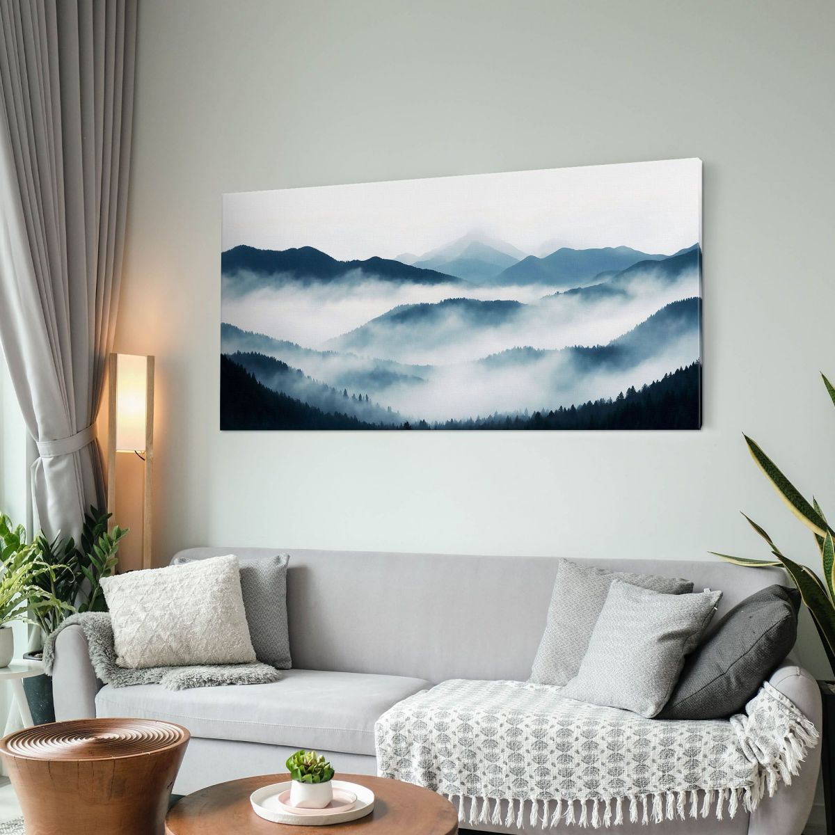 Quadro Paesaggio Astratto Montagna Nebbiosa Con Colline Blu E Foresta abl17 quadro stampa su tela