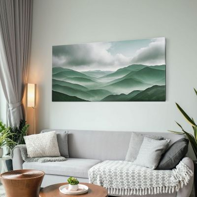 Quadro Paesaggio Astratto Paesaggio Montuoso Con Nebbia Colline Verdi E Cielo Nuvoloso abl28 quadro stampa su tela