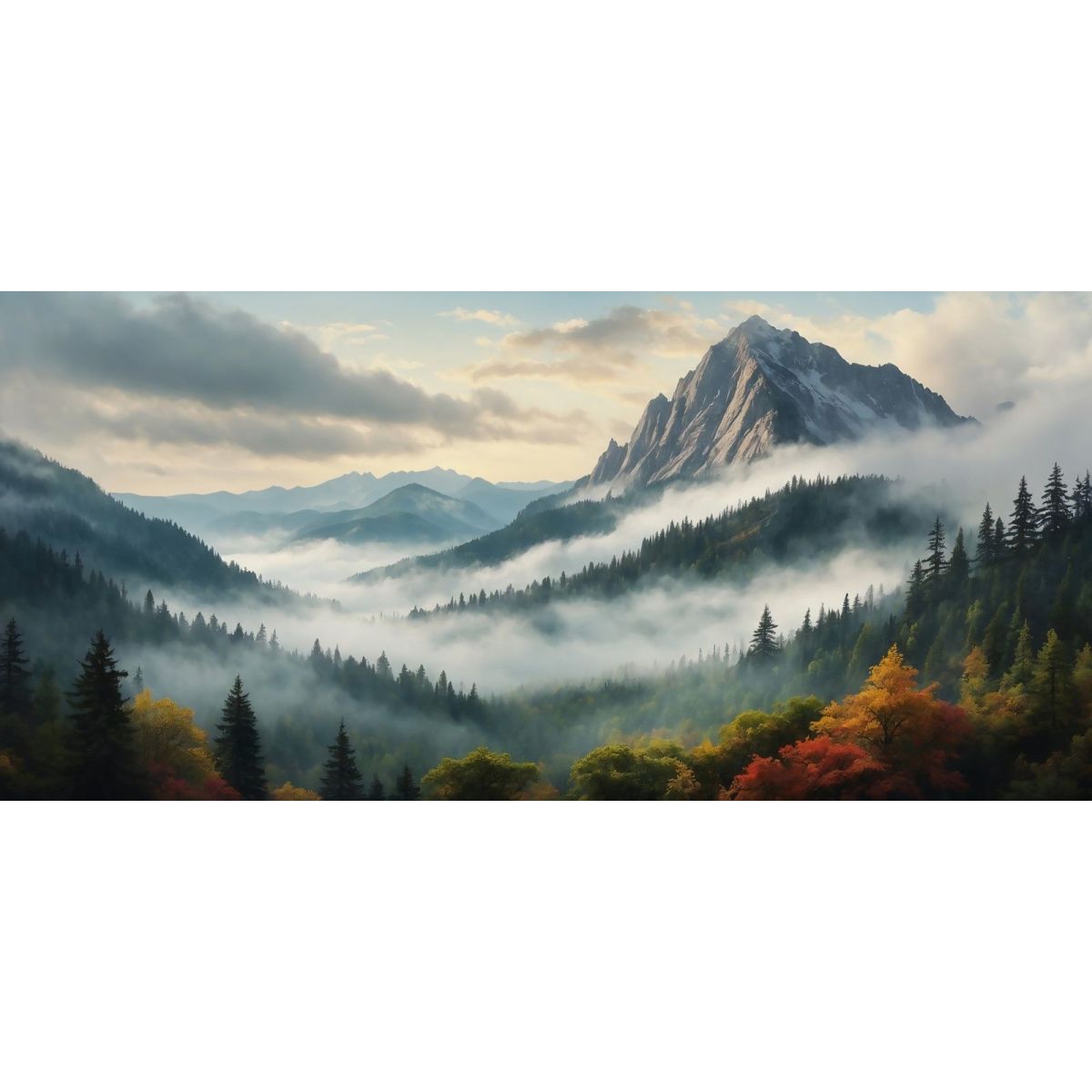 Quadro Paesaggio Astratto Paesaggio Montuoso Nebbioso Con Foresta Autunnale E Vette Innevate abl34 quadro stampa su tela