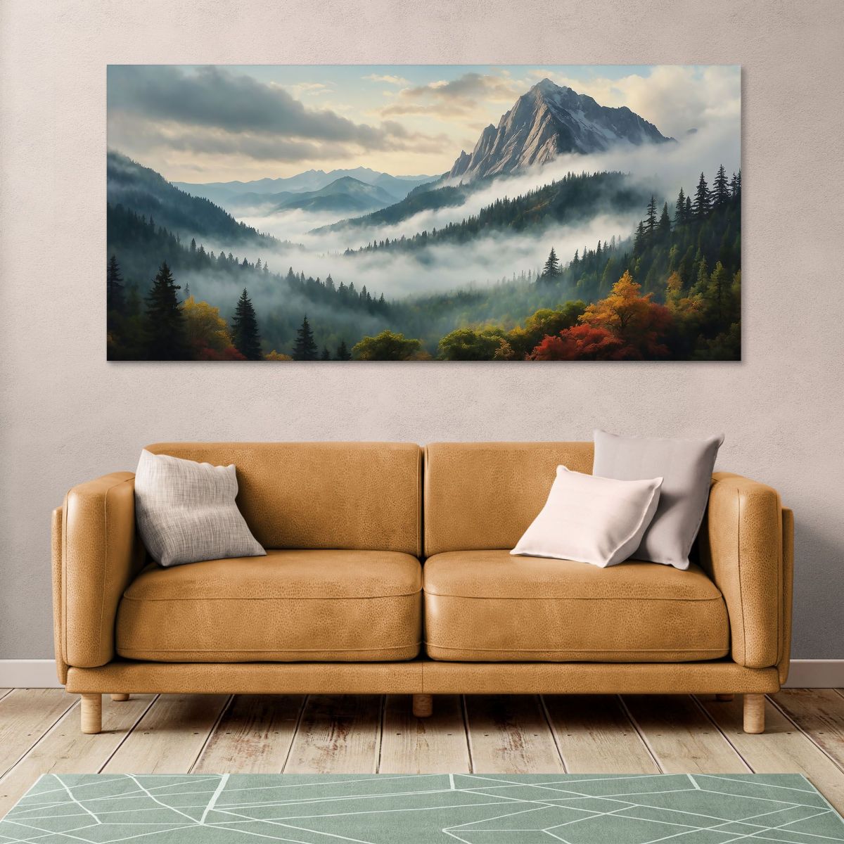 Quadro Paesaggio Astratto Paesaggio Montuoso Nebbioso Con Foresta Autunnale E Vette Innevate abl34 quadro stampa su tela