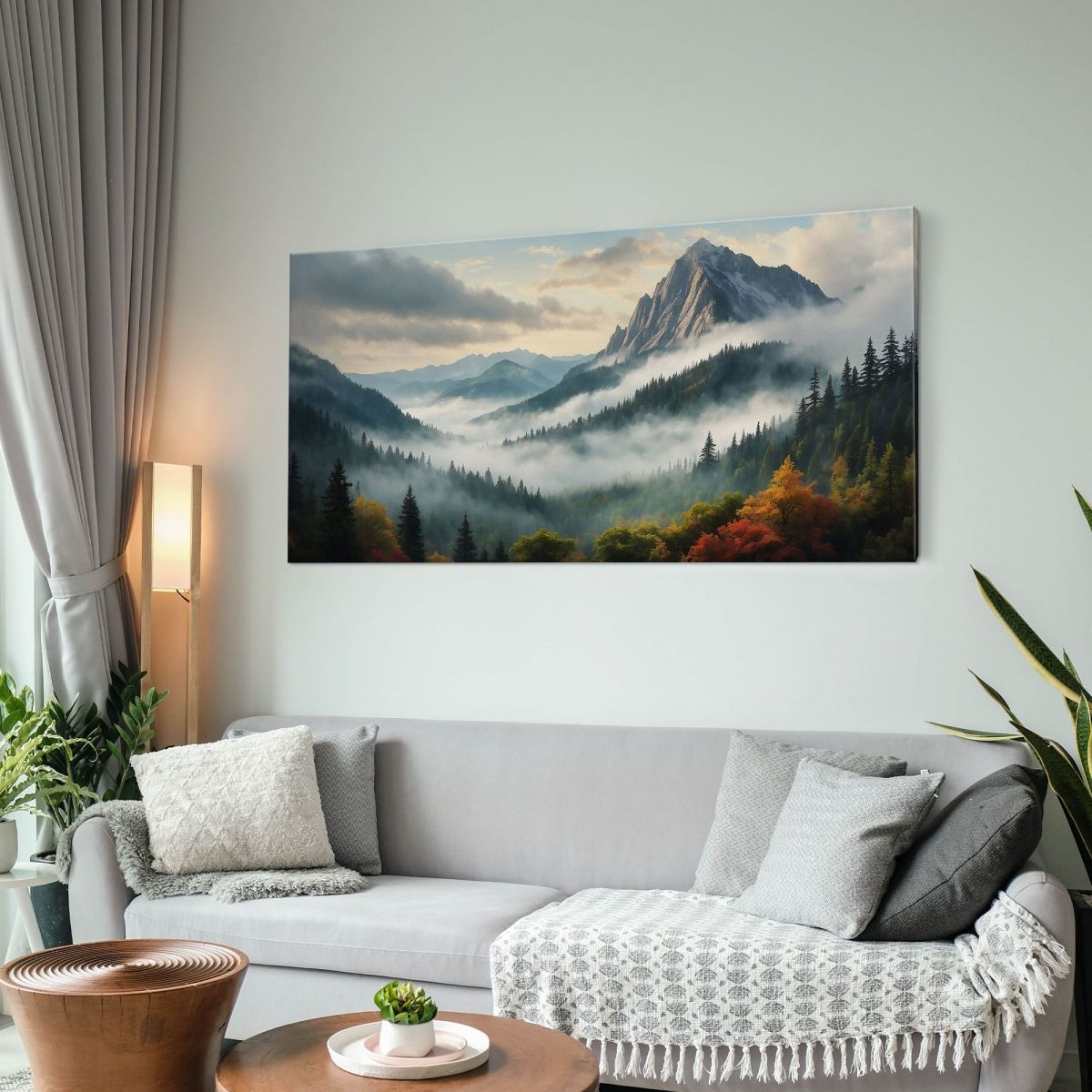 Quadro Paesaggio Astratto Paesaggio Montuoso Nebbioso Con Foresta Autunnale E Vette Innevate abl34 quadro stampa su tela