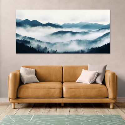 Quadro Paesaggio Astratto Paesaggio Montuoso Nebbioso Con Foresta Di Pini E Colline Blu abl35 quadro stampa su tela