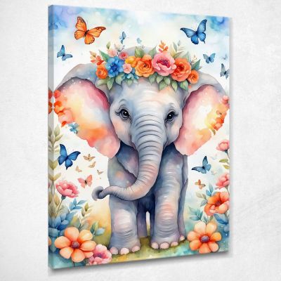 Quadro Per Cameretta Bimbo Bimba Dolce Elefantino Con Fiori E Farfalle Colorate bana3 quadro stampa su tela