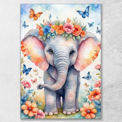 Quadro Per Cameretta Bimbo Bimba Dolce Elefantino Con Fiori E Farfalle Colorate bana3 quadro stampa su tela