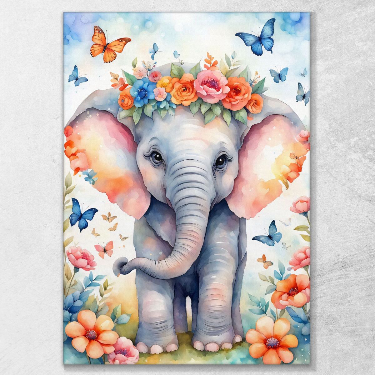 Quadro Per Cameretta Bimbo Bimba Dolce Elefantino Con Fiori E Farfalle Colorate bana3 quadro stampa su tela
