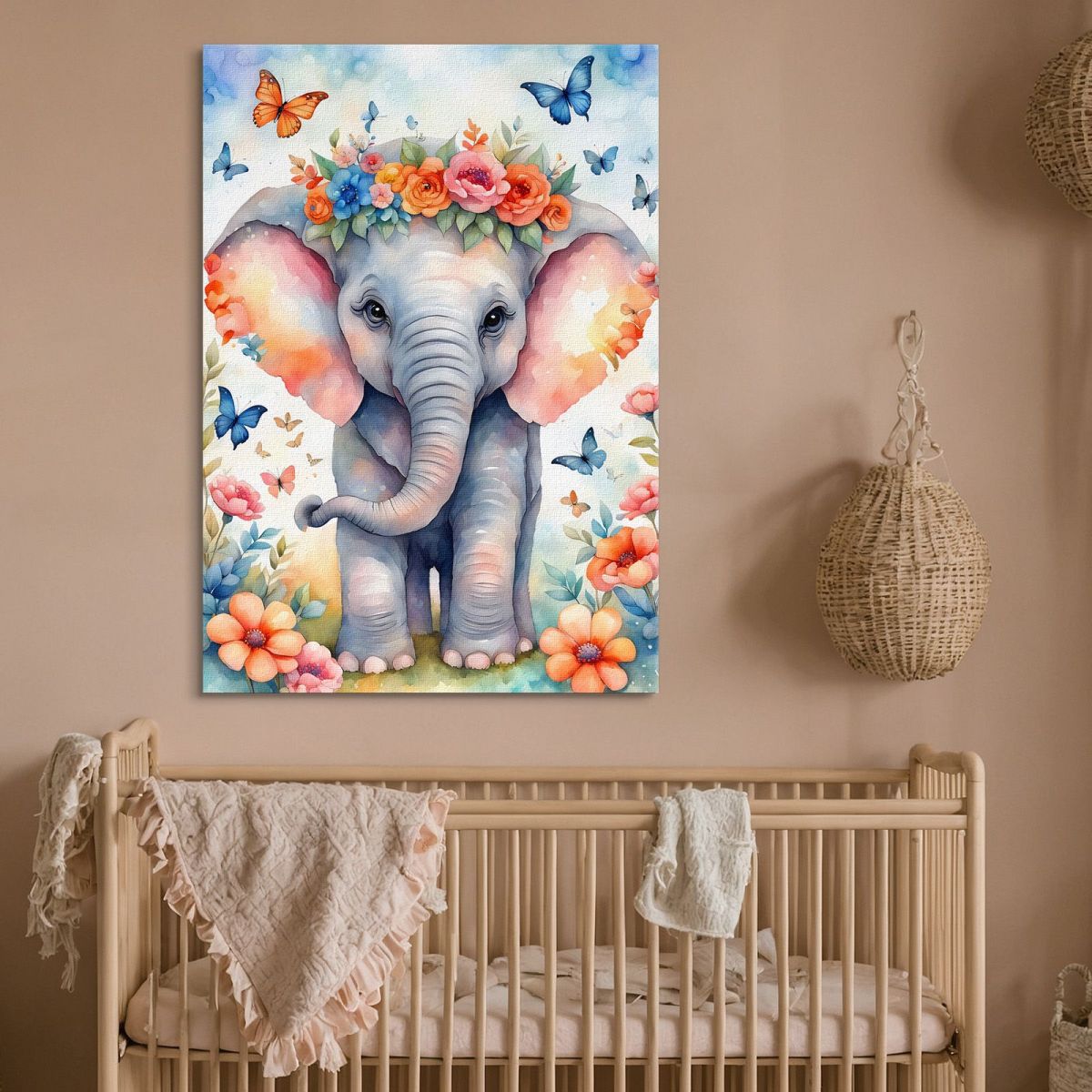 Quadro Per Cameretta Bimbo Bimba Dolce Elefantino Con Fiori E Farfalle Colorate bana3 quadro stampa su tela