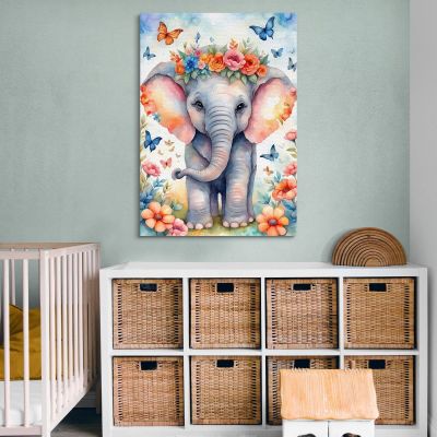 Quadro Per Cameretta Bimbo Bimba Dolce Elefantino Con Fiori E Farfalle Colorate bana3 quadro stampa su tela